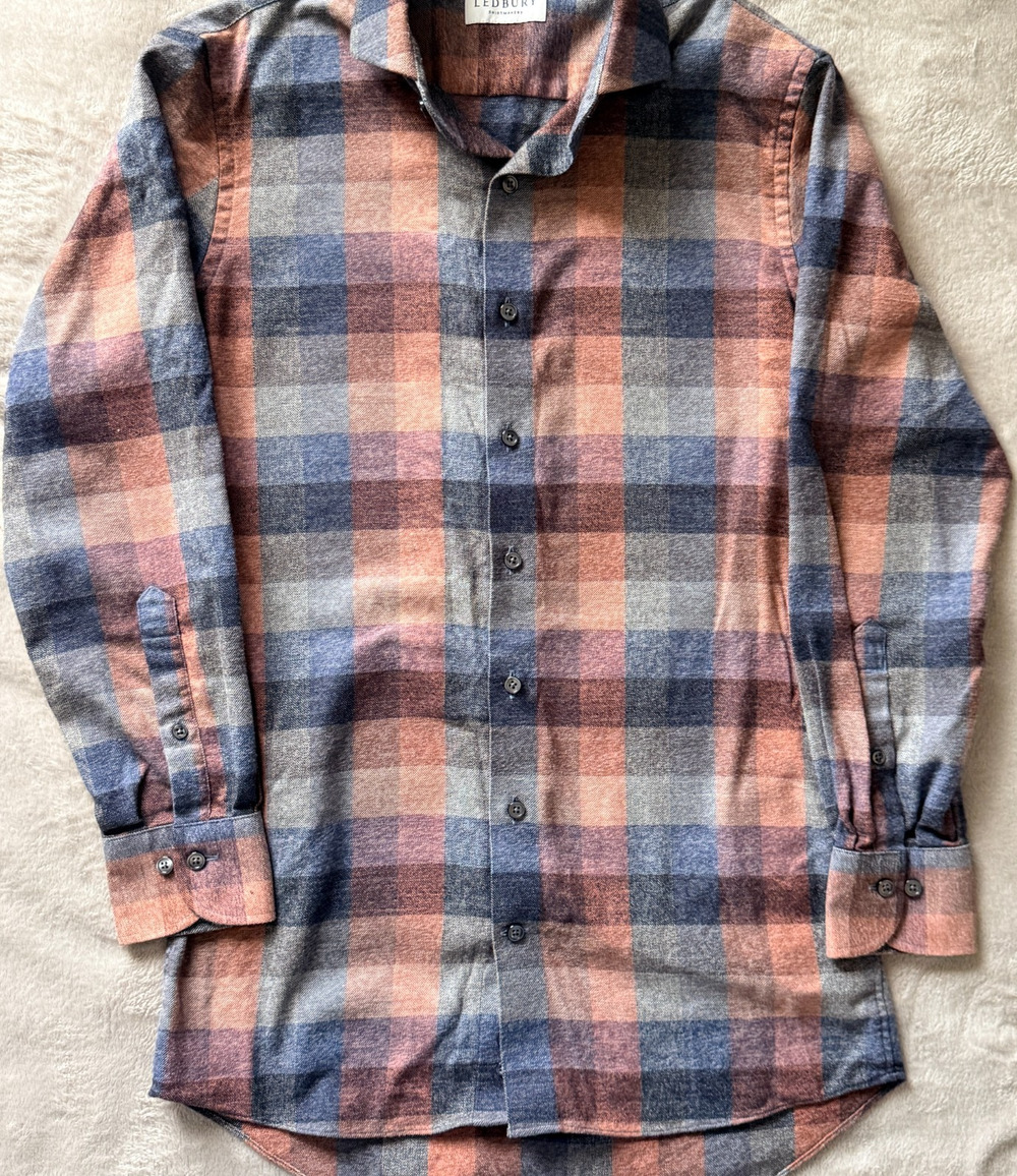 Ledbury Alden Plaid Flannel Shirt 15 Extra Slim Long Sleeve Orange Navy Luxury